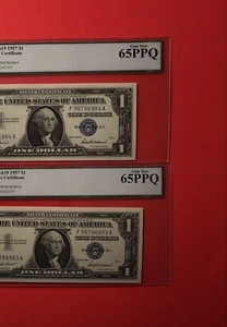 1957 -2 CONSECUTIVE SILVER CERTIFICATE $1 NOTES,GRADED BY LEGACY GEM NEW 65 PPQ. - Picture 1 of 9