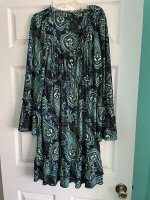 Womens Peasant Dress Green Black Paisley Long Sleeve Knee Boho TIANA B. Size M - Image 1 of 4