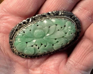 Vintage apfelgrüne Jade Floral Silber Brosche - China - durchscheinend - Bild 1 von 6