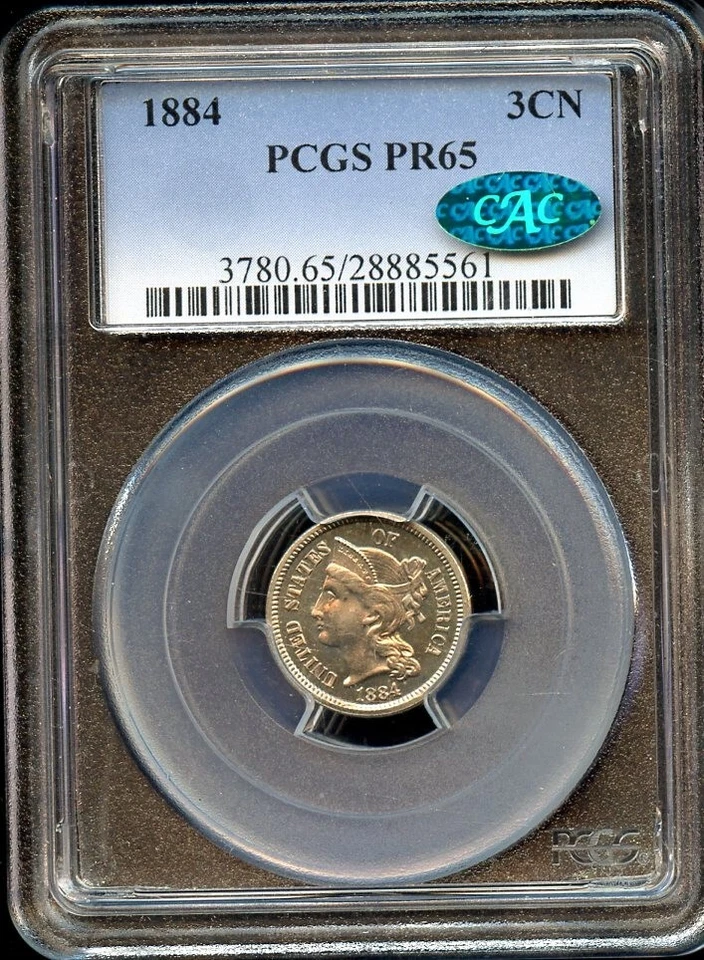 UNITED STATES 1884 PROOF 3c NICKEL PCGS PR65 CAC AS SHOWN - Image 1 of 4