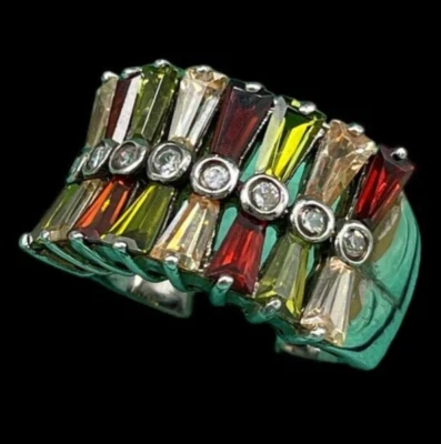 ANELLO DONNA DOPPIA ARCATA DI PIETRE BAGUETTE CRISTALLI MULTICOLORE ARGENTO 925. - Immagine 1 di 4