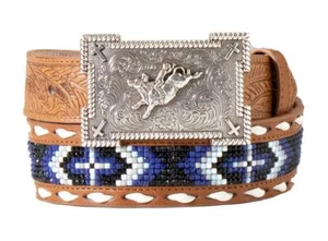 3D Western Boys Belt Youth Leather Beaded Cross Inlay Blue D120003327 - Picture 1 of 1