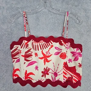 Top corto Caroline Constas para mujer M rojo floral tropical lino rayón correas ajustables - Imagen 1 de 24