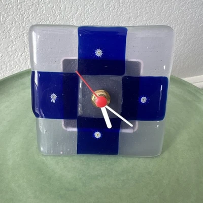 Fused Glass Desk Clock – Blue & Clear Millefiori Modern Art Timepiece - Image 1 of 4