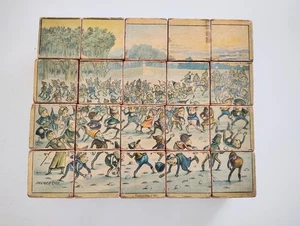 1800er Palmer Cox Brownies vierseitige Puzzle Blöcke vollständiges Set Schneeballfahren - Bild 1 von 13
