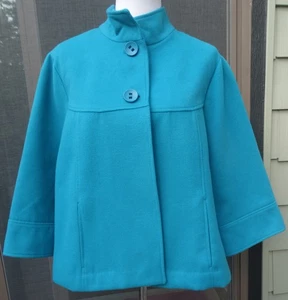 Chico's 3/US XL-16 Teal Pea Coat Swing 3/4 Sleeves Funnel Neck Felt, two Buttons - Picture 1 of 5
