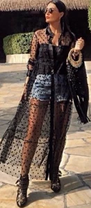 ZARA BNWT Women's Mesh Sheer Tulle Polka Dot kimono Duster Maxi Dress Black Sz L - Picture 1 of 7