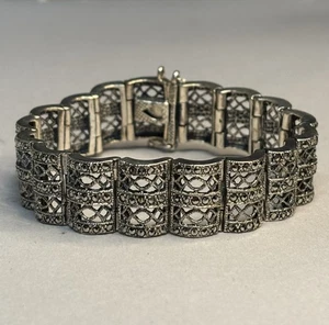 NF Sterling & Marcasite Filigree 7-inch Bracelet #5074 - Picture 1 of 5