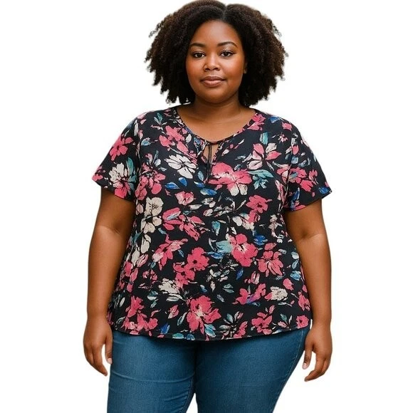 Blusa Lane Bryant para mujer 22/24 negra floral cuello atado manga corta plus top Foto 1 de 4