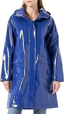 Women's Blue Parka Hooded Raincoat Waterproof PVC Vinyl Zipper Trench Coat - Image 1 of 4