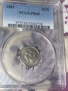1881 3 CENT NICKEL GRADED PROOF 65 BY PCGS , MINTAGE OF ONLY 3,575! - Picture 1 of 12