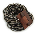 Bracelet flexible perles de verre multi-marches avec fermeture en bois/noir/gris - 19 cm L