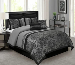 HIG 8 Piece Tang Jacquard Fabric Patchwork Comforter Set Gray - Queen King Size - Picture 1 of 11