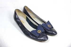 Vtg 90s Bally Emily Navy Bow Flats 10.5N Blue Ribbon Metal Logo Classic Mod Skin - Picture 1 of 11