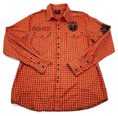 Blac Label Mens Western Cowboy Shirt Orange Plaid Roll Tab Sleeve Snaps Cotton M - Image 1 of 4