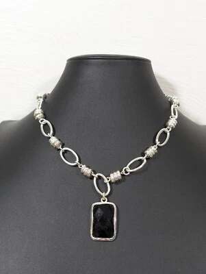 Boho Western Black Rectangle Cabochon Oval Chain Link Statement Necklace 17" - Image 1 of 4