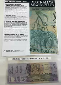 1992 Fraser Cole Uncirculated 4x $5 Notes - Great- comes with a copy of info! - Picture 1 of 4