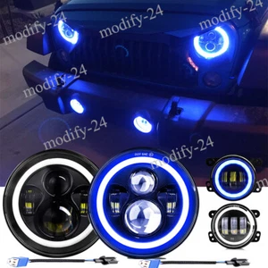 2007-2018 fit Jeep Wrangler JK Combo Blue DRL 7" Round Led Headlights + Fog Lamp - Picture 1 of 24