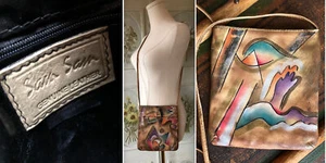 VTG SAM SAM AIRBRUSHED PAINTED TAN LEATHER MULTICOLOR GOLD BAG PURSE EUC CLEAN - Picture 1 of 10