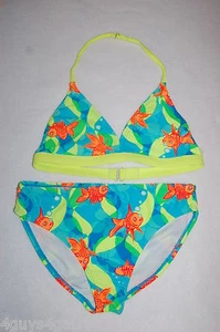 Girls Swimsuit 2 PC BIKINI SET Neon Yellow Teal GOLDFISH Sz S 6-6X M 7-8 - Picture 1 of 1