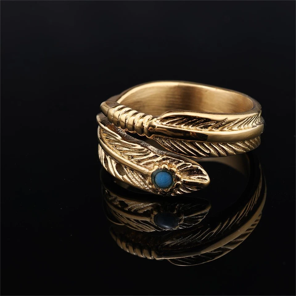 Feather Ring Stainless Steel Ring Couples Wedding Bands Blue Turquoise Gold Foto 1 de 1
