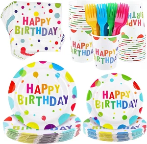 144 Pieces Happy Birthday Print Party Decorations Including Disposable Plates Na - Picture 1 of 12