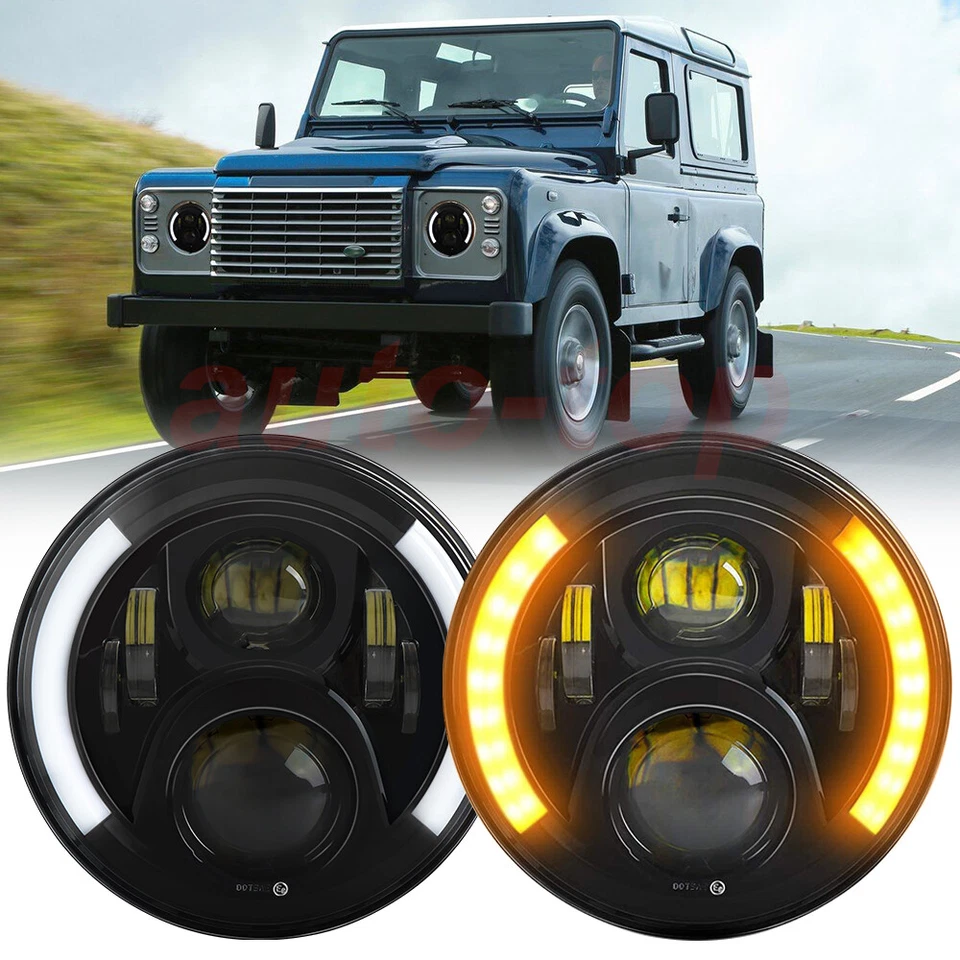 Pair 7'' Round LED Headlights DRL Turn Light For Land Rover Defender 90 & 110 - Image 1 of 4