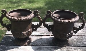 Pair Of Antique Double Handled Garden Urn  Planters With Acanthus Details 9.75”