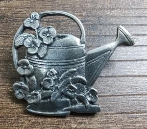BIRDS & BLOOMS Pin Brooch Watering Can Pewter Garden Limited Edition 2000 Vtg - Picture 1 of 3