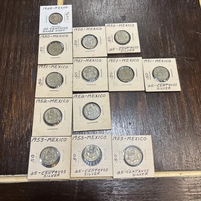 13 monedas de plata de 25 centavos México 1928 y. 1950-1953 Foto 1 de 4