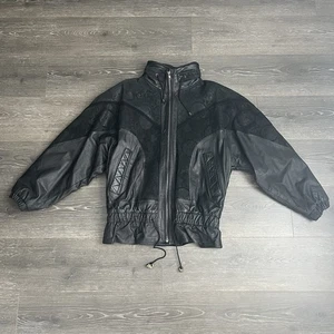 Vintage Jahrbuch Bomber Echtleder Wildleder Learsi Jacke Schwarz Medium 80er - Bild 1 von 13