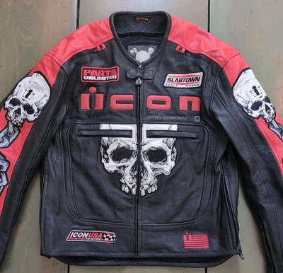 Jaqueta de motociclista masculina Icon média SKULL couro preto e vermelho | LEIA - Imagem 1 de 4
