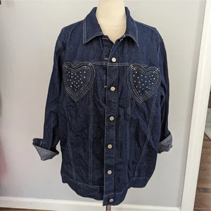 NEW Women's Quaker Factory Heart Sequin Rhinestone Denim Jacket 1X Cotton - Picture 1 of 4