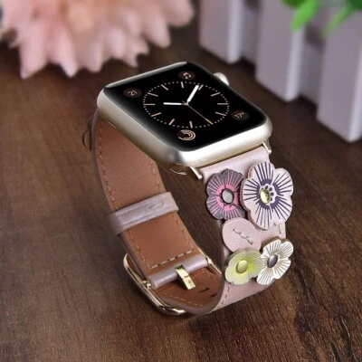 Correa de cuero floral flor remaches cosidos a mano apliques para Apple Watch Foto 1 de 4
