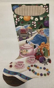 Vintage Needlepoint Christmas Stocking Canvas Dolly Tea Party Under Tree Girl 13 - Picture 1 of 12