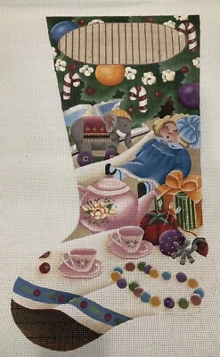 Vintage Needlepoint Christmas Stocking Canvas Dolly Tea Party Under Tree Girl 13 - Image 1 of 4