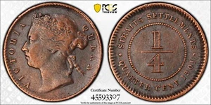 1901 Straits Settlements 1/4 C PCGS Genuine VF Details 556509.95/45593307 - Picture 1 of 3