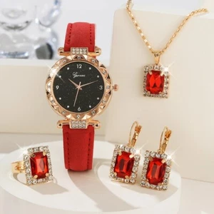 Luxury Rhinestone Women’s Fashion Watch Set Bracelet Necklace Ring Gift Girls - Picture 1 of 28