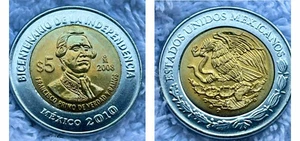 2010 Mexico Bimetallic 5 Pesos PRIMO Y DE VERDAD SIN PUNTO UNICA - Picture 1 of 3