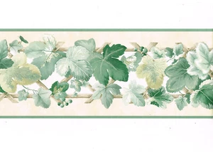 Green Ivy Leaf Vine Lattice on Cream Vinyl Wallpaper Border - Picture 1 of 3