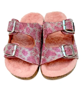 Olivia Miller Girl Slip-On Slide Pink Silver Gemstones Faux Fur Lined OMCS-6333K - Picture 1 of 8