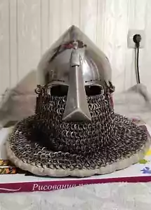 Elmetto Cavaliere Medievale Elmetto Cottaglia Pronto per la Battaglia Elmetto Bascinet 16 Ga - Foto 1 di 5