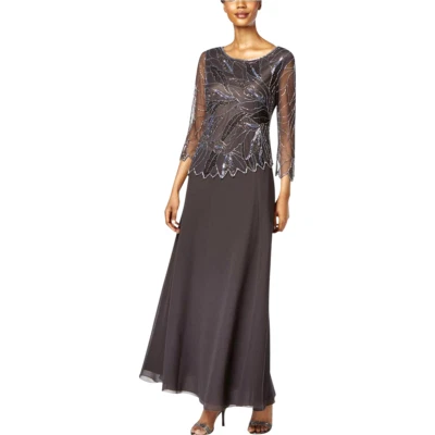 JKARA ~ Vestido Formal Gris Chifón Cuentas Popover Línea A Manga 3/4 8 NUEVO $269 Foto 1 de 4