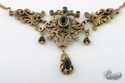 Collier Earrings Set Antique Art Nouveau Style 585 Yellow Gold Diamond Sapphire Foto 1 de 4