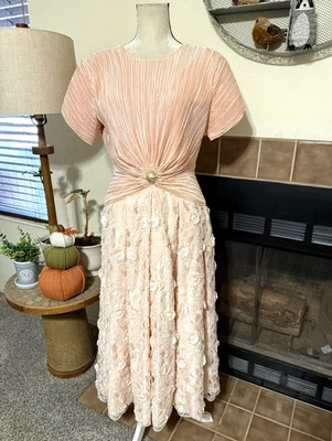 Vintage Lillie Rubin Couture Sz 14 Formal Gown Plisse Applique Lace Light Pink - Image 1 of 4