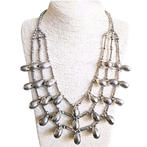 Vintage Silver Tone 3-Strand Teardrop Bead Necklace – Southwest Boho Statement - Picture 1 of 8