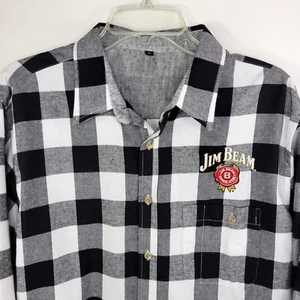 Black White Men's Flannel Shirt Sz L Jim Bean Buffalo Plaid Long Sleeve Red Logo - Picture 1 of 5
