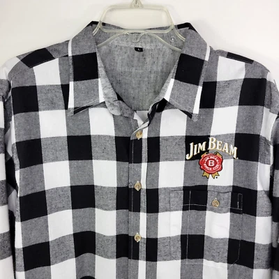 Black White Men's Flannel Shirt Sz L Jim Bean Buffalo Plaid Long Sleeve Red Logo - Image 1 of 4
