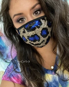 New UNISEX REUSABLE SEQUIN SEQUINED ANIMAL LEOPARD PRINT BLING FASHION FACE MASK - Picture 1 of 3