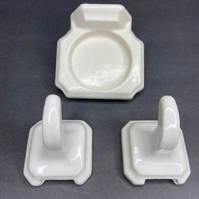 Vtg White Ceramic Soap Dish Tray Wall Mount and 2 Hooks Retro Reclaim MCM - Image 1 of 4